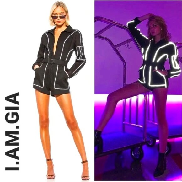 💥KILLER DESING💥Long Sleeve Belted Stretchy Denim Romper In Black Reflective